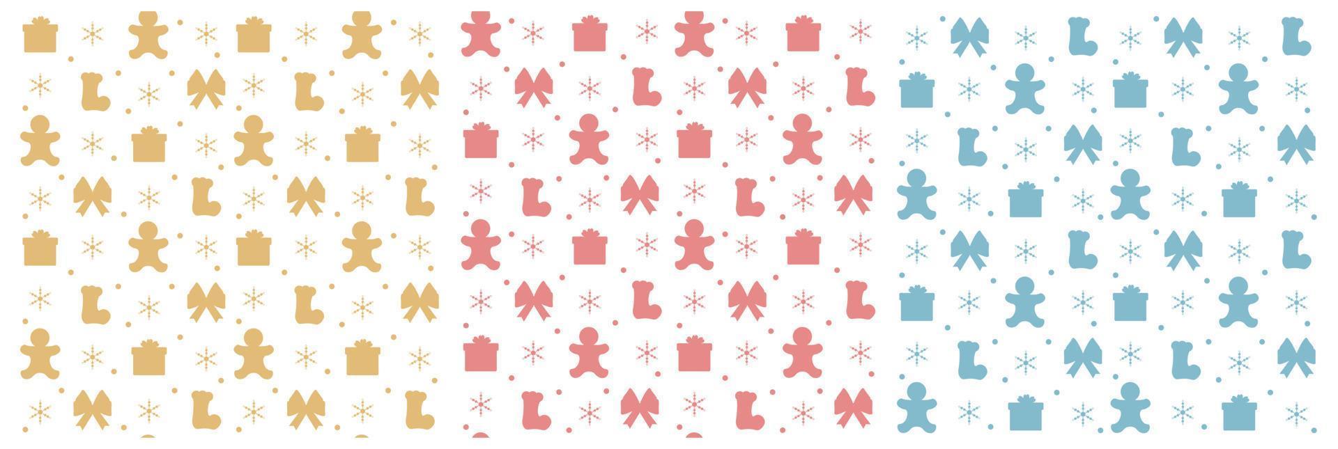 diseño de patrones sin fisuras de fondo de navidad con santa claus, árbol, muñeco de nieve y regalos en plantilla ilustración plana de dibujos animados dibujados a mano vector