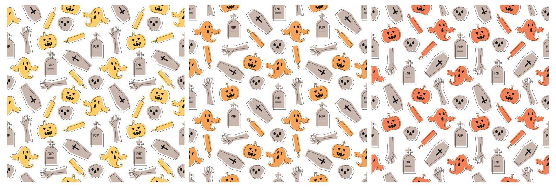 Set of Halloween Seamless Pattern Design With Witch, Haunted House, Pumpkins or Bats in Template Hand Drawn Cartoon Flat Illustration vector