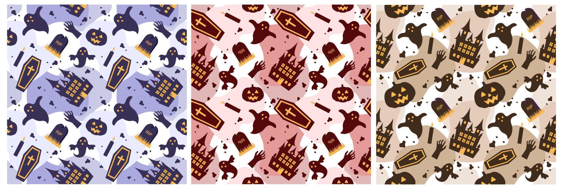 Set of Halloween Seamless Pattern Design With Witch, Haunted House, Pumpkins or Bats in Template Hand Drawn Cartoon Flat Illustration vector