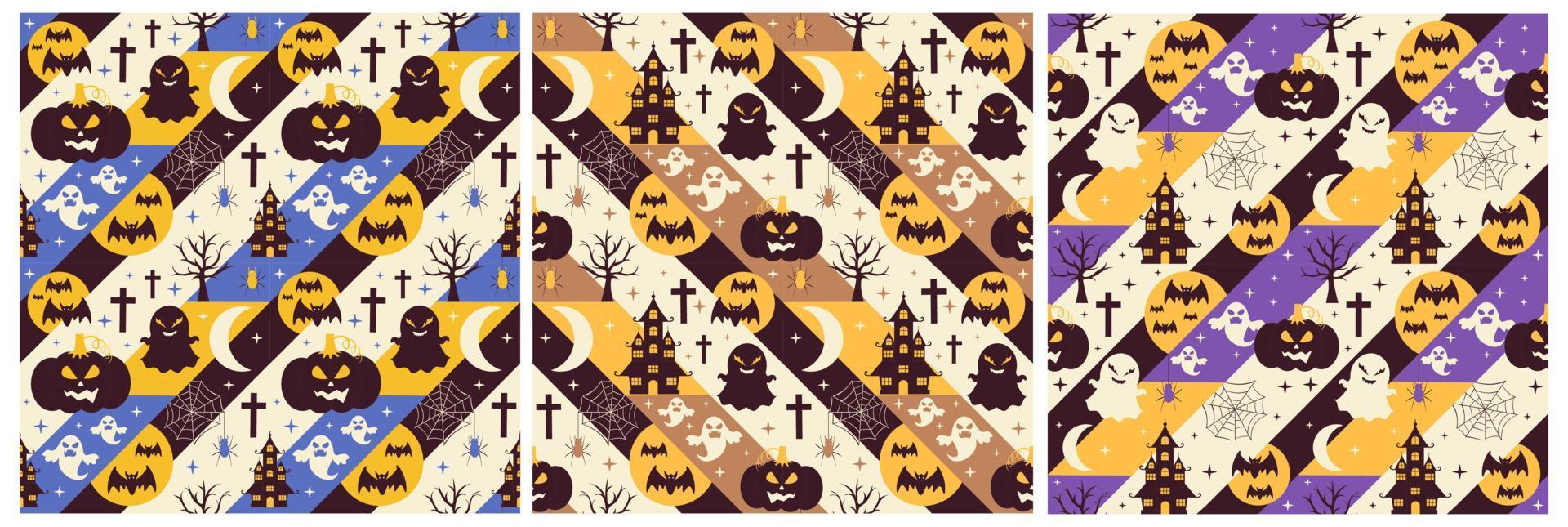 Set of Halloween Seamless Pattern Design With Witch, Haunted House, Pumpkins or Bats in Template Hand Drawn Cartoon Flat Illustration vector