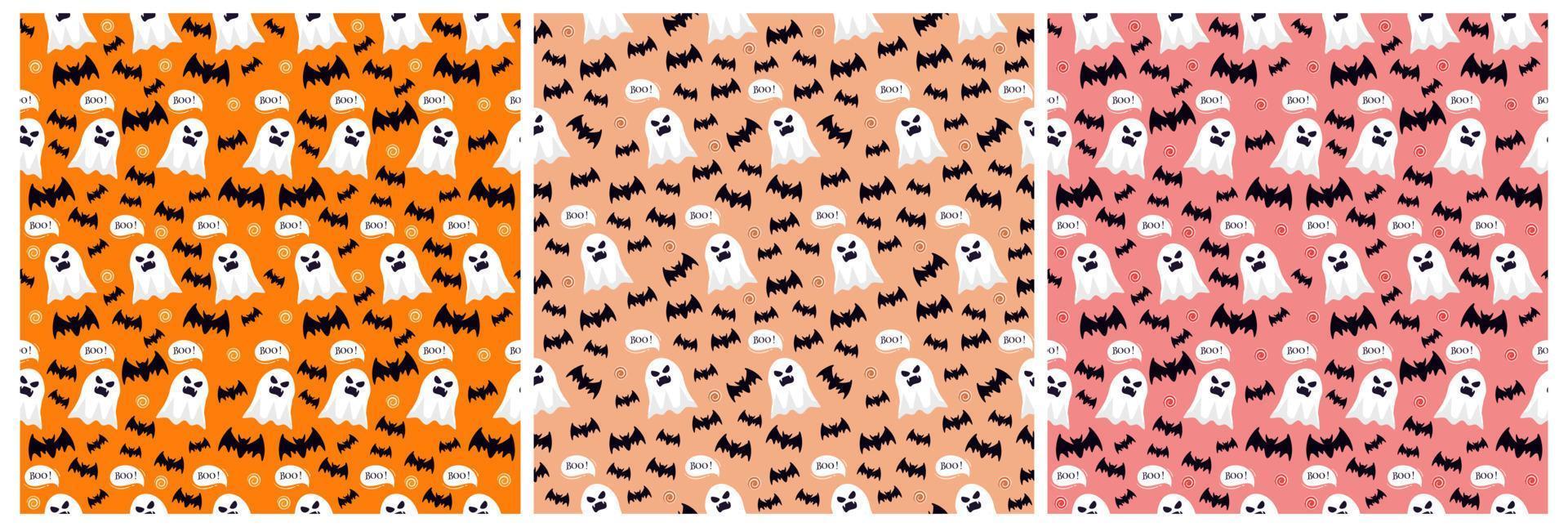 Set of Halloween Seamless Pattern Design With Witch, Haunted House, Pumpkins or Bats in Template Hand Drawn Cartoon Flat Illustration vector