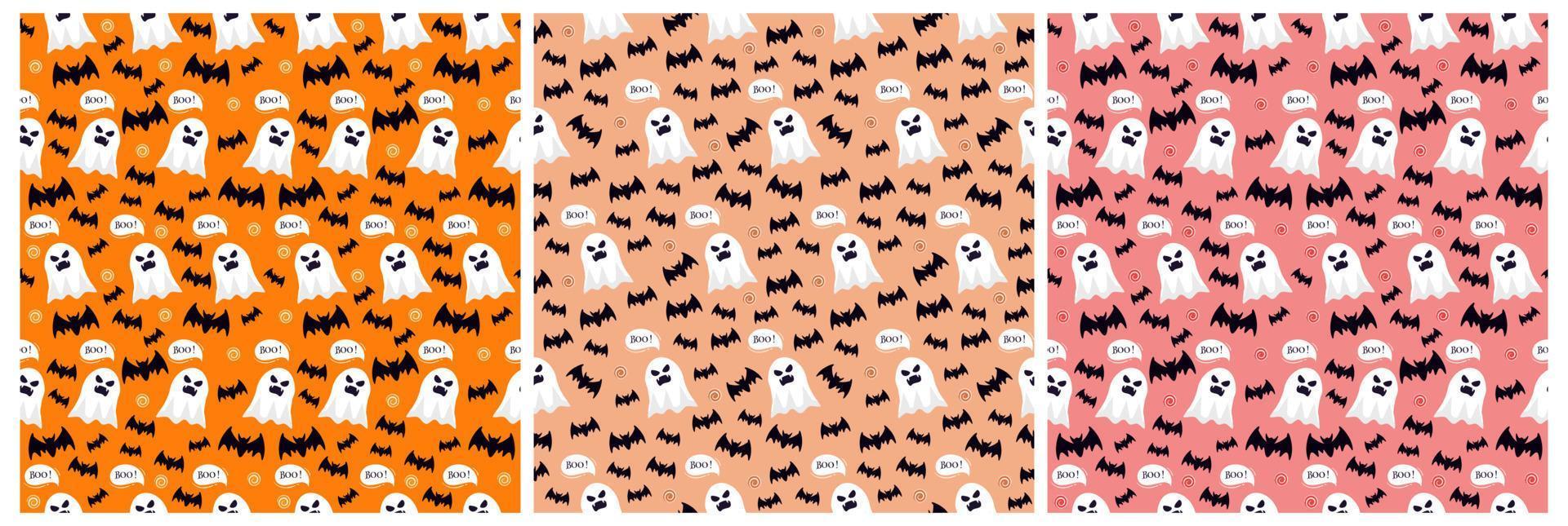 Set of Halloween Seamless Pattern Design With Witch, Haunted House, Pumpkins or Bats in Template Hand Drawn Cartoon Flat Illustration vector