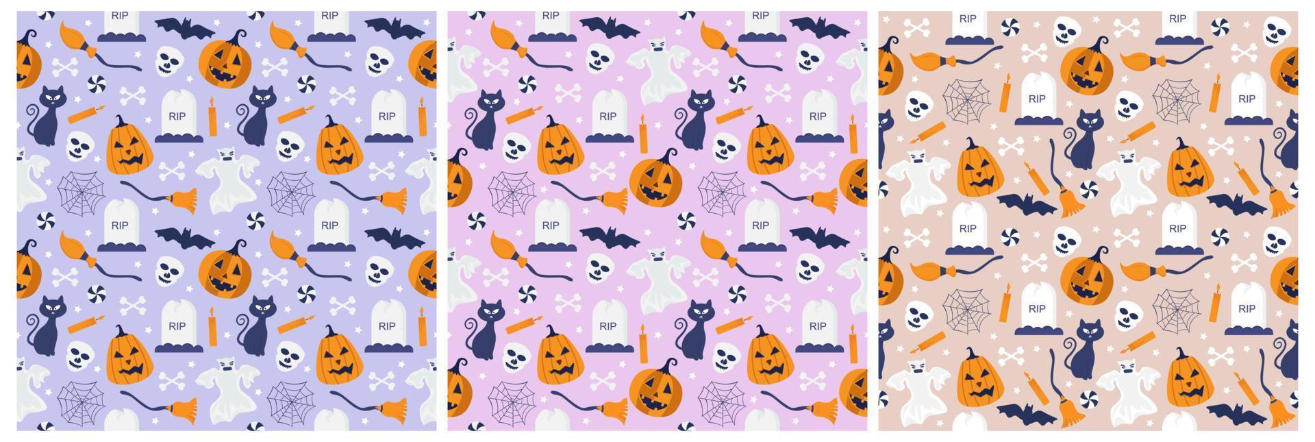 Set of Halloween Seamless Pattern Design With Witch, Haunted House, Pumpkins or Bats in Template Hand Drawn Cartoon Flat Illustration vector