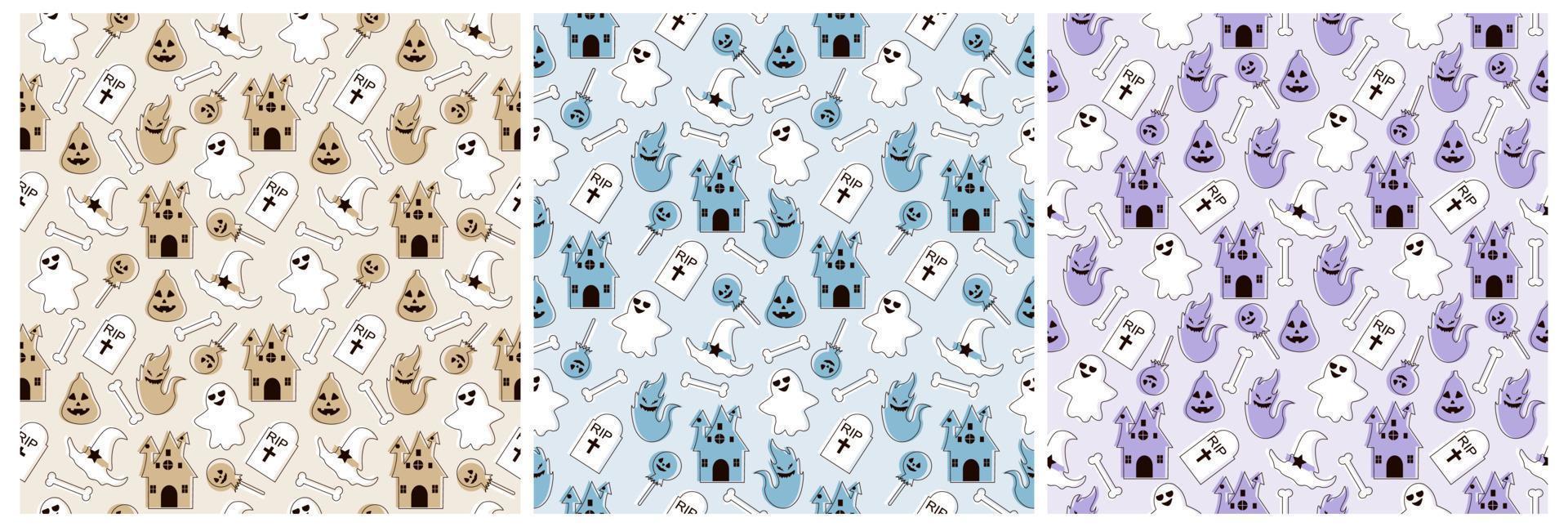 Set of Halloween Seamless Pattern Design With Witch, Haunted House, Pumpkins or Bats in Template Hand Drawn Cartoon Flat Illustration vector