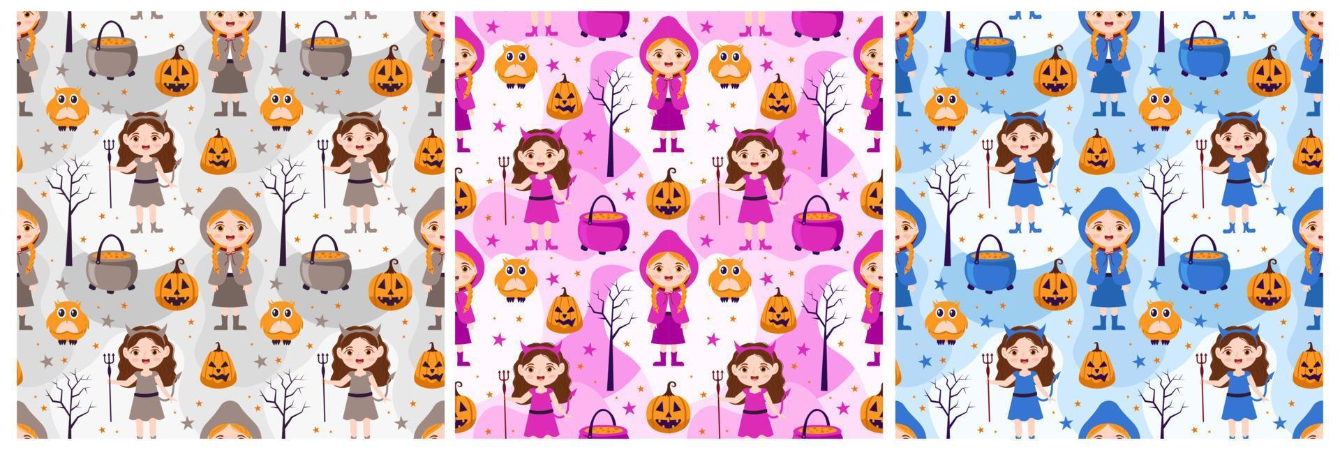 conjunto de diseño de patrones sin fisuras de halloween con bruja, casa embrujada, calabazas o murciélagos en plantilla ilustración plana de dibujos animados dibujados a mano vector