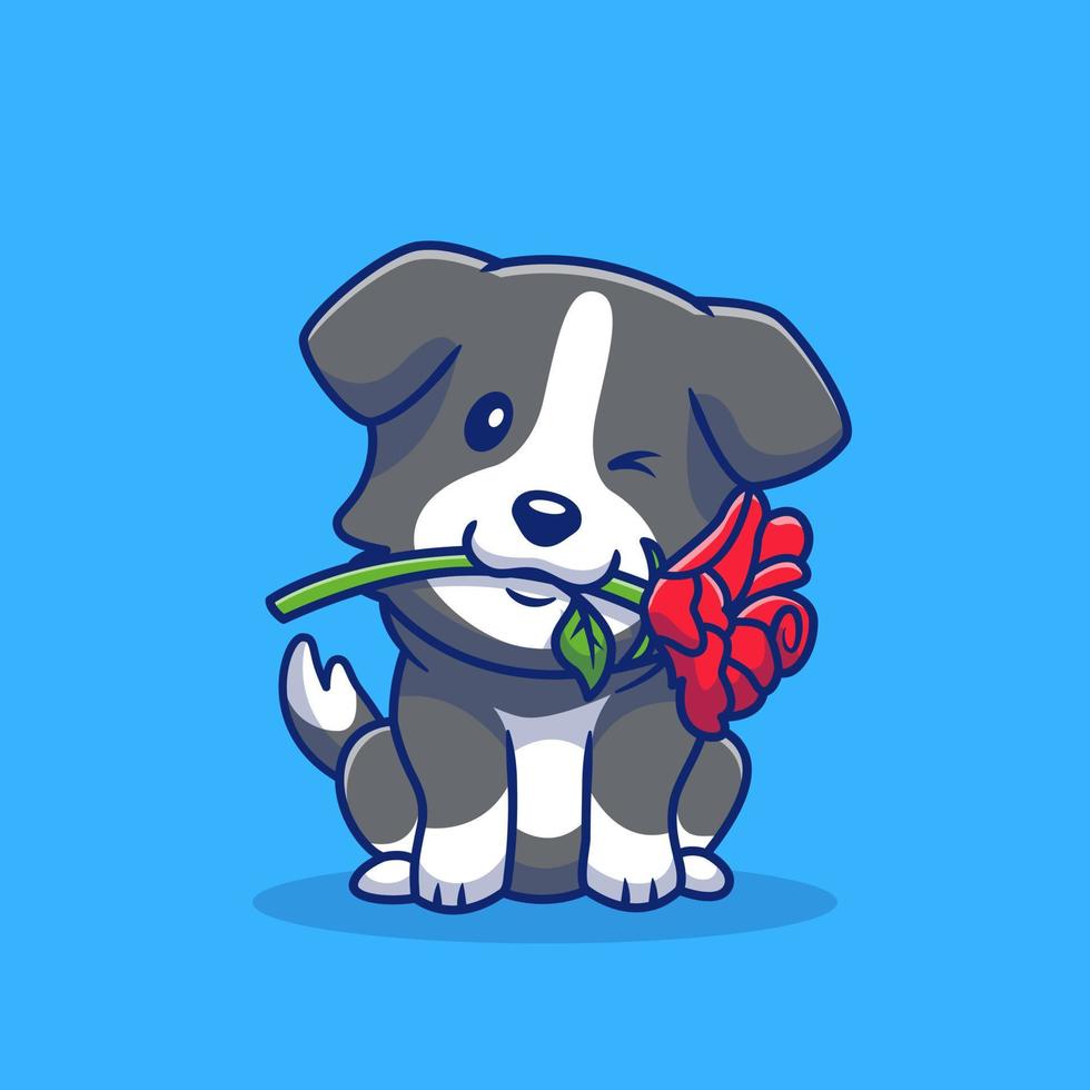 lindo perro collie con ilustración de icono de vector de dibujos animados de rosa roja. concepto de icono de romance animal vector premium aislado. estilo de dibujos animados plana