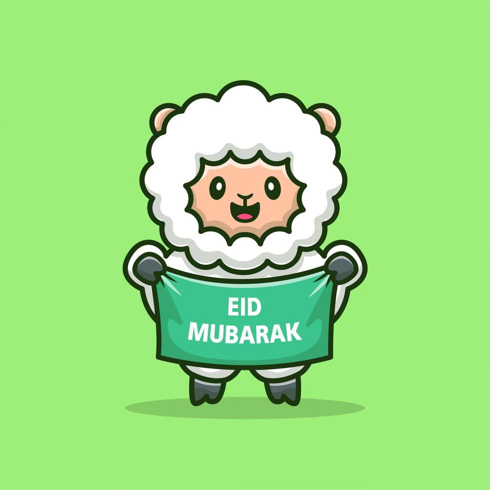 Cute Sheep Holding Banner Eid Mubarak Cartoon Vector Icon Illustration. Animal Religion Icon Concept Isolated Premium Vector. Flat Cartoon Style
