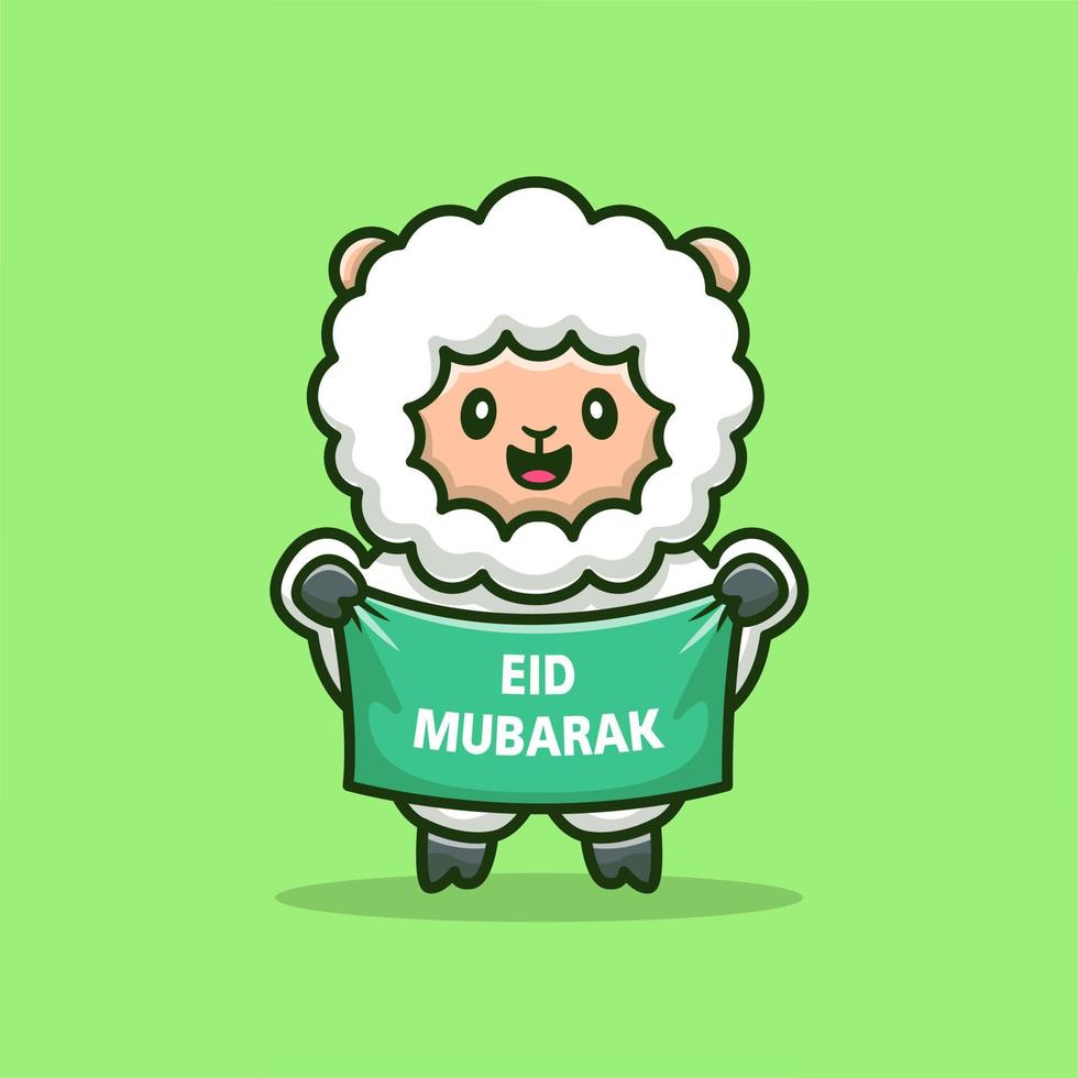 Cute Sheep Holding Banner Eid Mubarak Cartoon Vector Icon Illustration. Animal Religion Icon Concept Isolated Premium Vector. Flat Cartoon Style