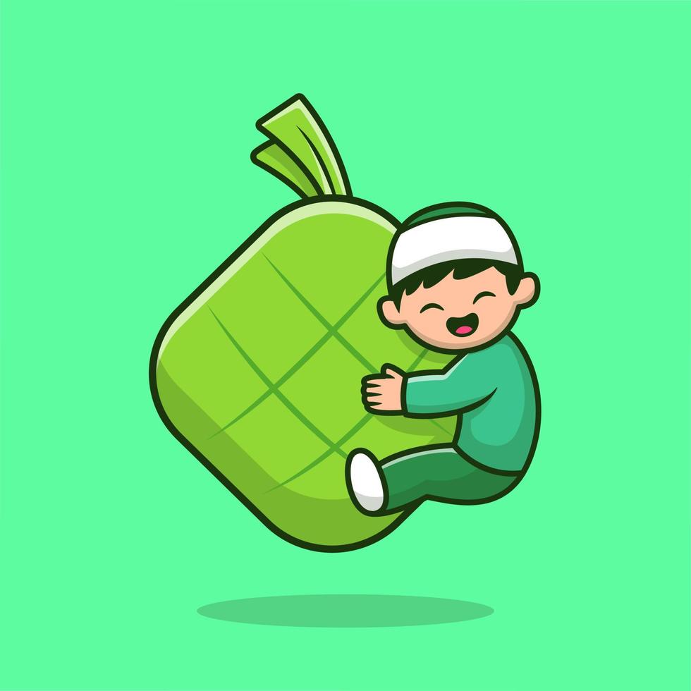 Cute Moslem Boy Hugging Ketupat Food Cartoon Vector Icon Illustration. People Religion Icon Concept Isolated Premium Vector. Flat Cartoon Style