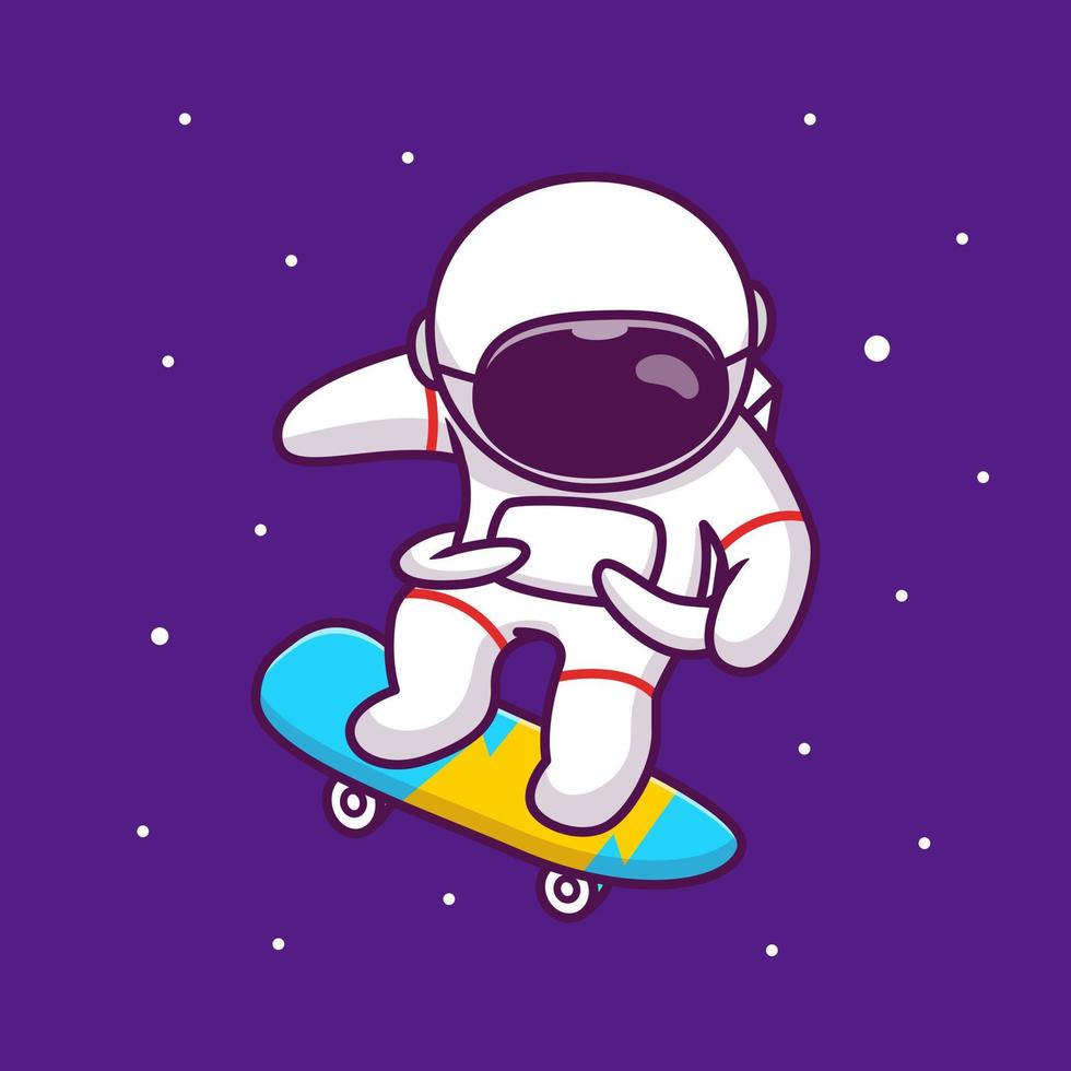 lindo astronauta jugando patineta en la ilustración de icono de vector de dibujos animados de espacio. gente ciencia espacio icono concepto aislado premium vector. estilo de dibujos animados plana