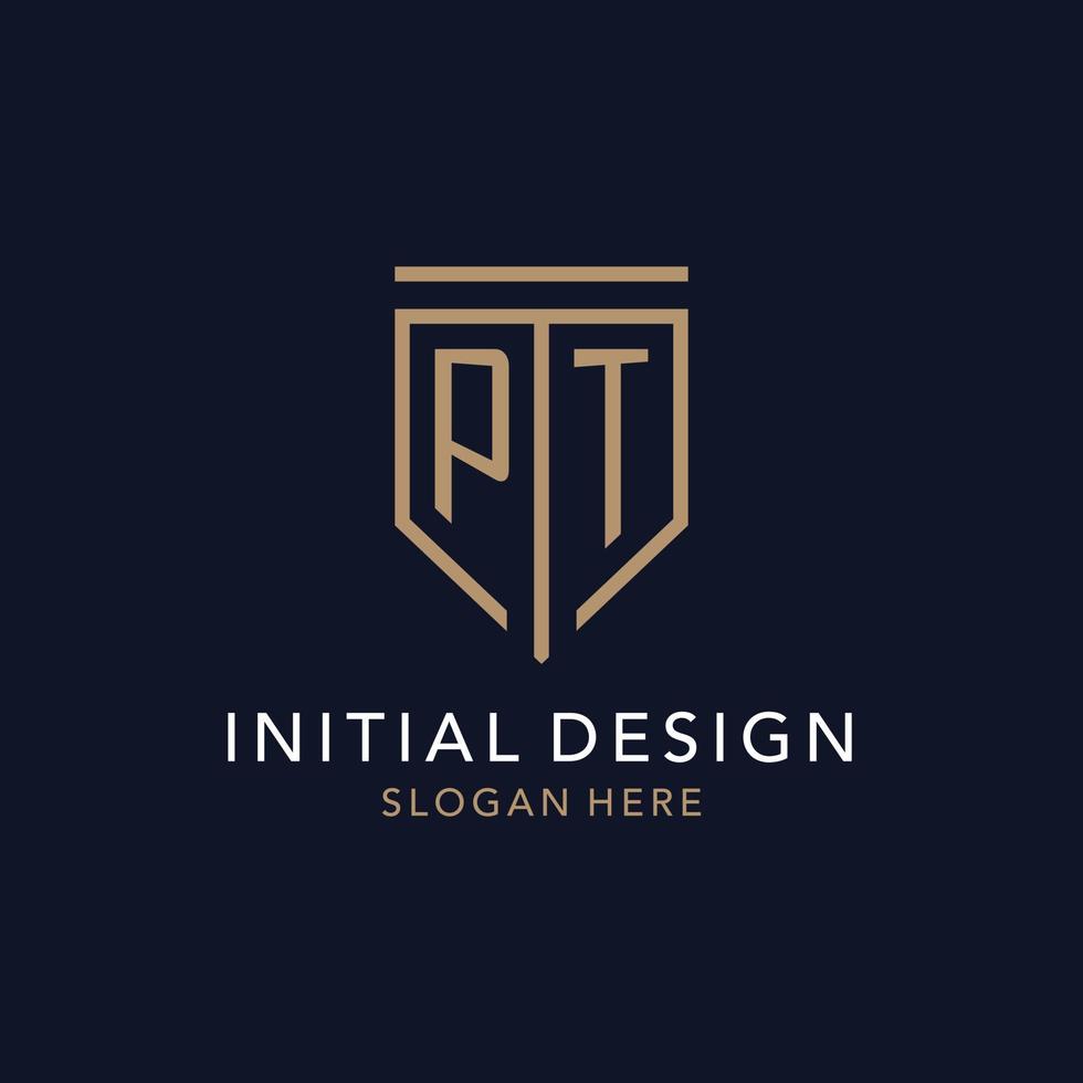 PT initial logo monogram with simple luxury shield icon design vector
