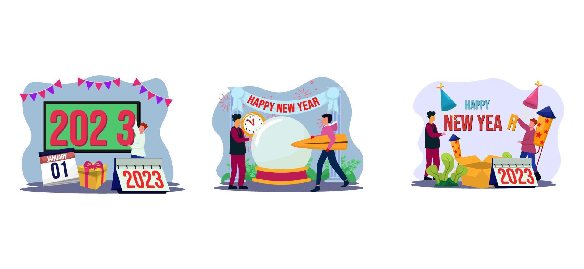 feliz año nuevo diseño de paquete plano vector