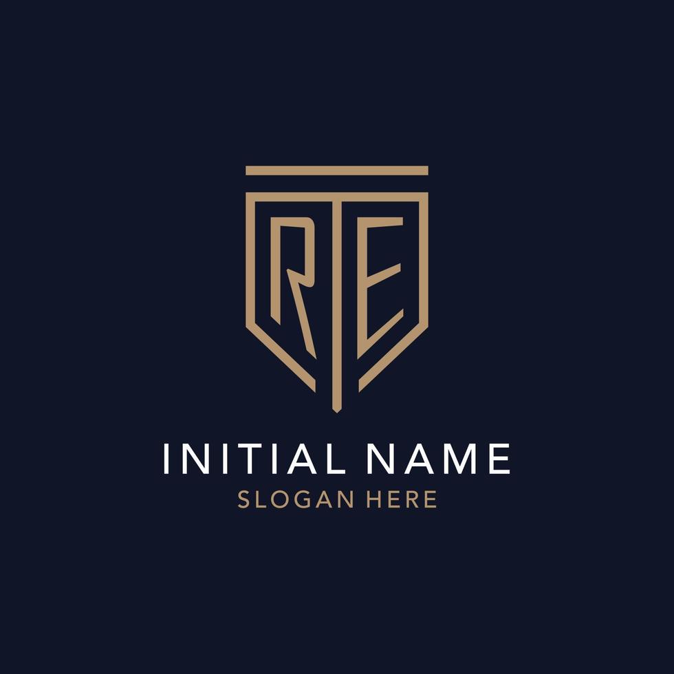 RE initial logo monogram with simple luxury shield icon design vector