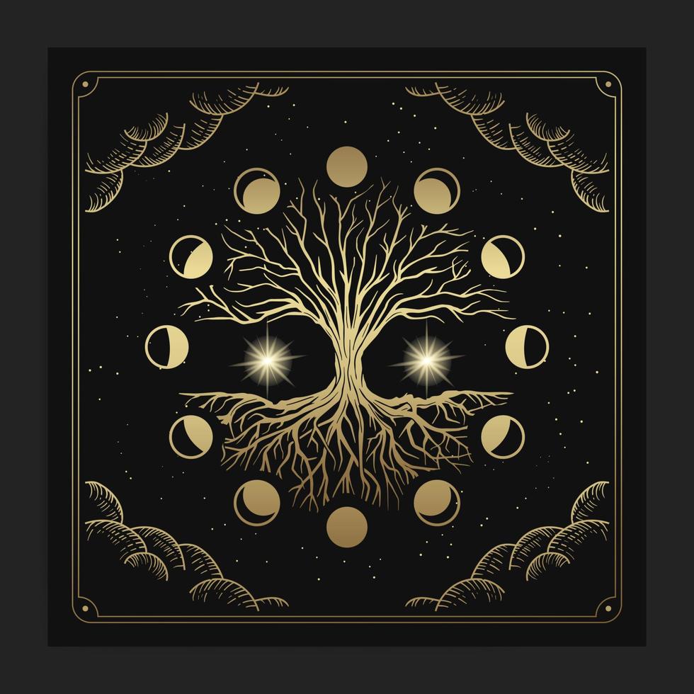 Magical sacred tree in moon phase decoration with engraving, hand drawn, luxury, celestial, esoteric, boho style, fit for spiritualist, religious, paranormal, tarot reader, astrologer or tattoo vector