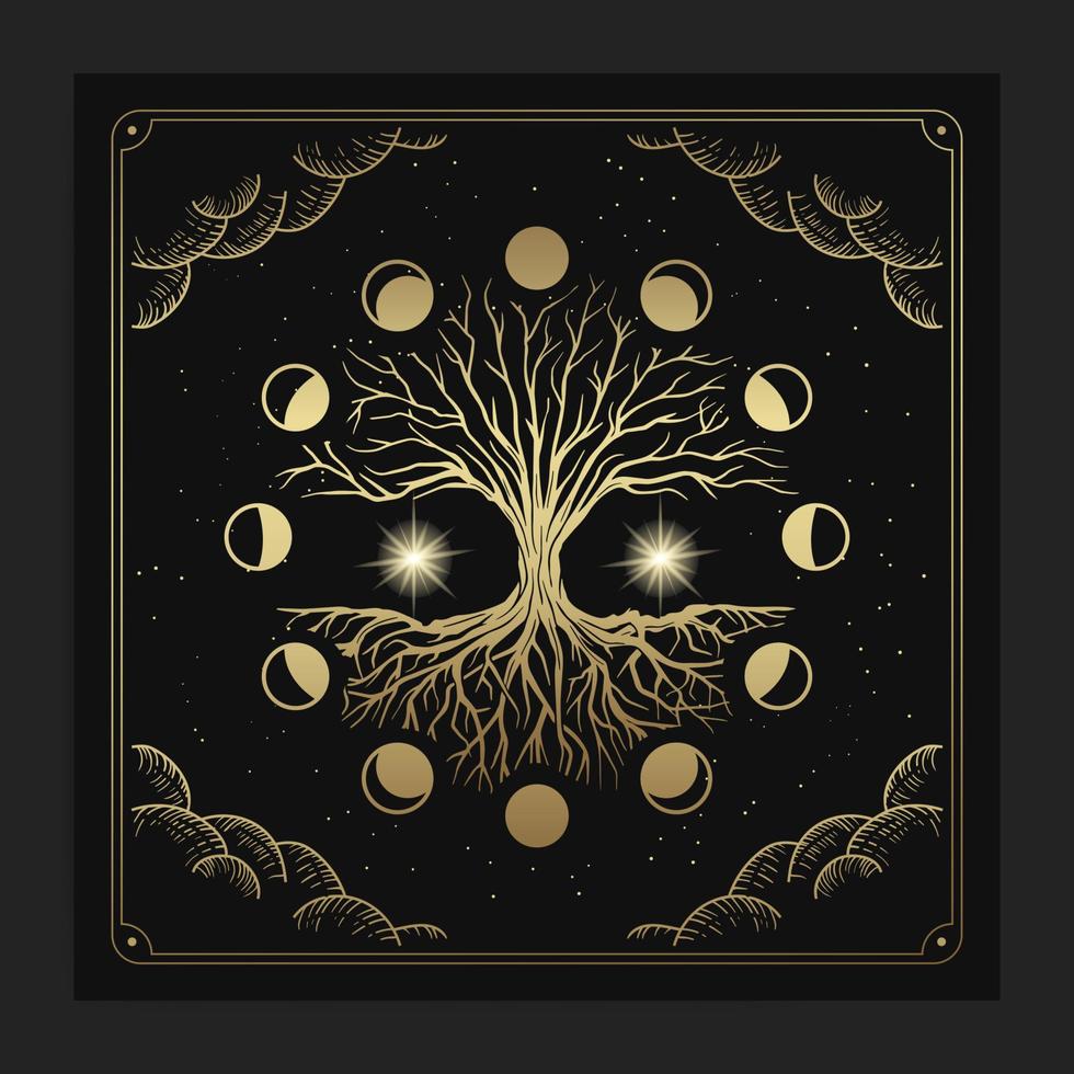 árbol sagrado mágico en decoración de fase lunar con grabado, dibujado a mano, lujoso, celestial, esotérico, estilo boho, apto para espiritistas, religiosos, paranormales, lectores de tarot, astrólogos o tatuajes vector