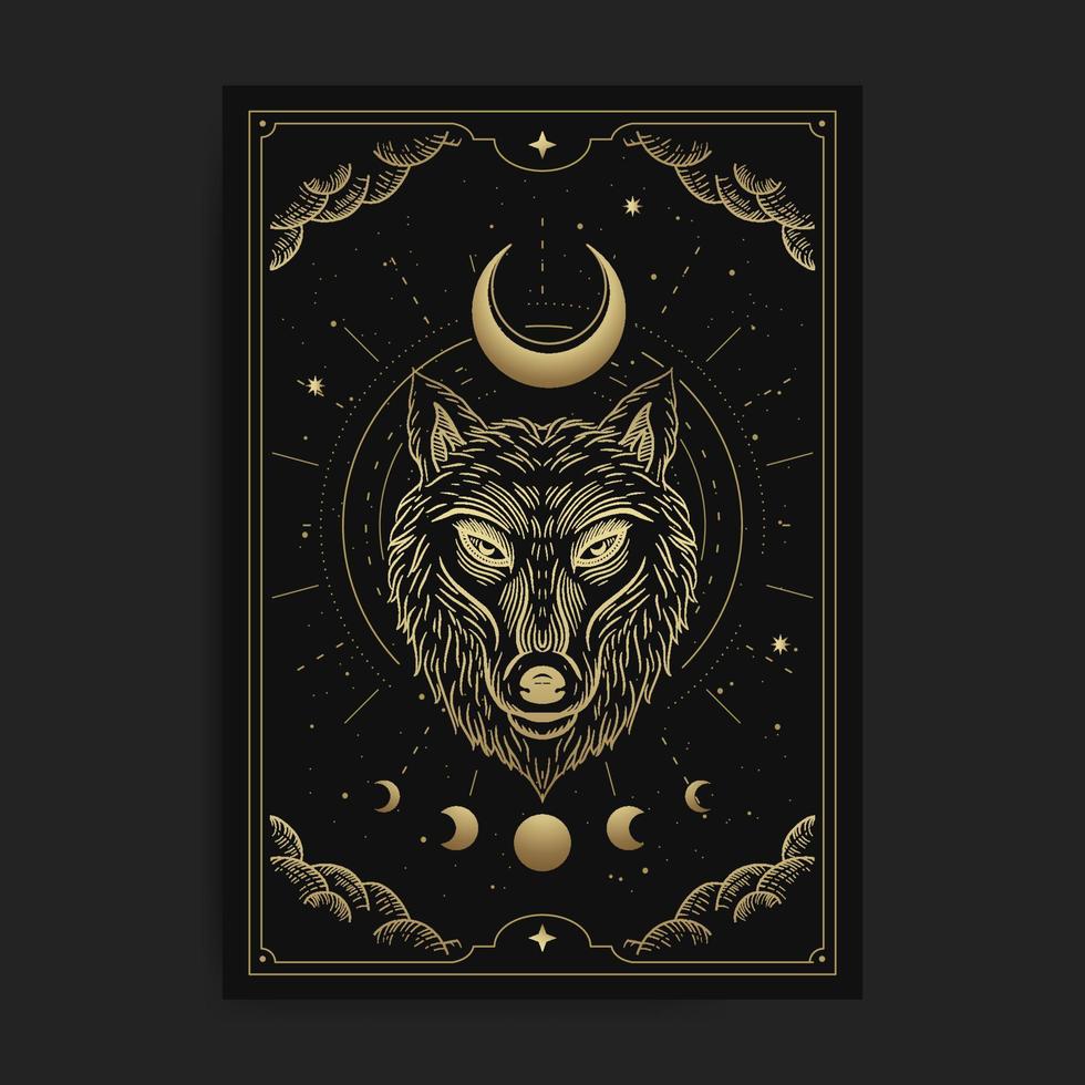 cabeza de lobo con luna creciente con grabado, dibujado a mano, lujo, celestial, esotérico, estilo boho, apto para espiritualista, religioso, paranormal, lector de tarot, astrólogo o vector de tatuaje