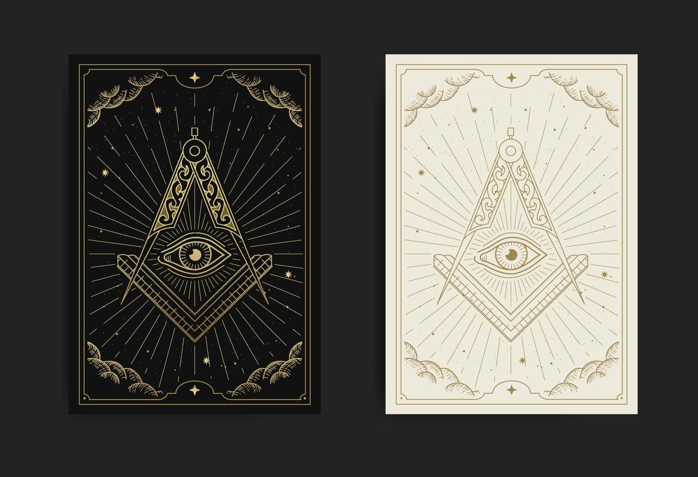 The Square, Compasses and All-Seeing Eye with engraving, handrawn, luxury, esoteric, boho style vector