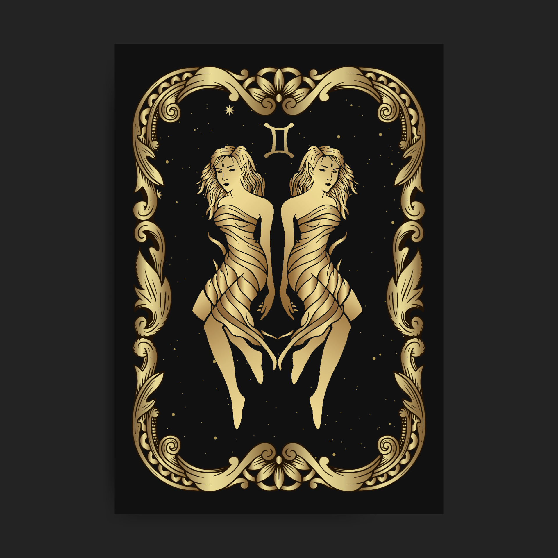 Gemini astrological sign as two beautiful girls with engraving, hand