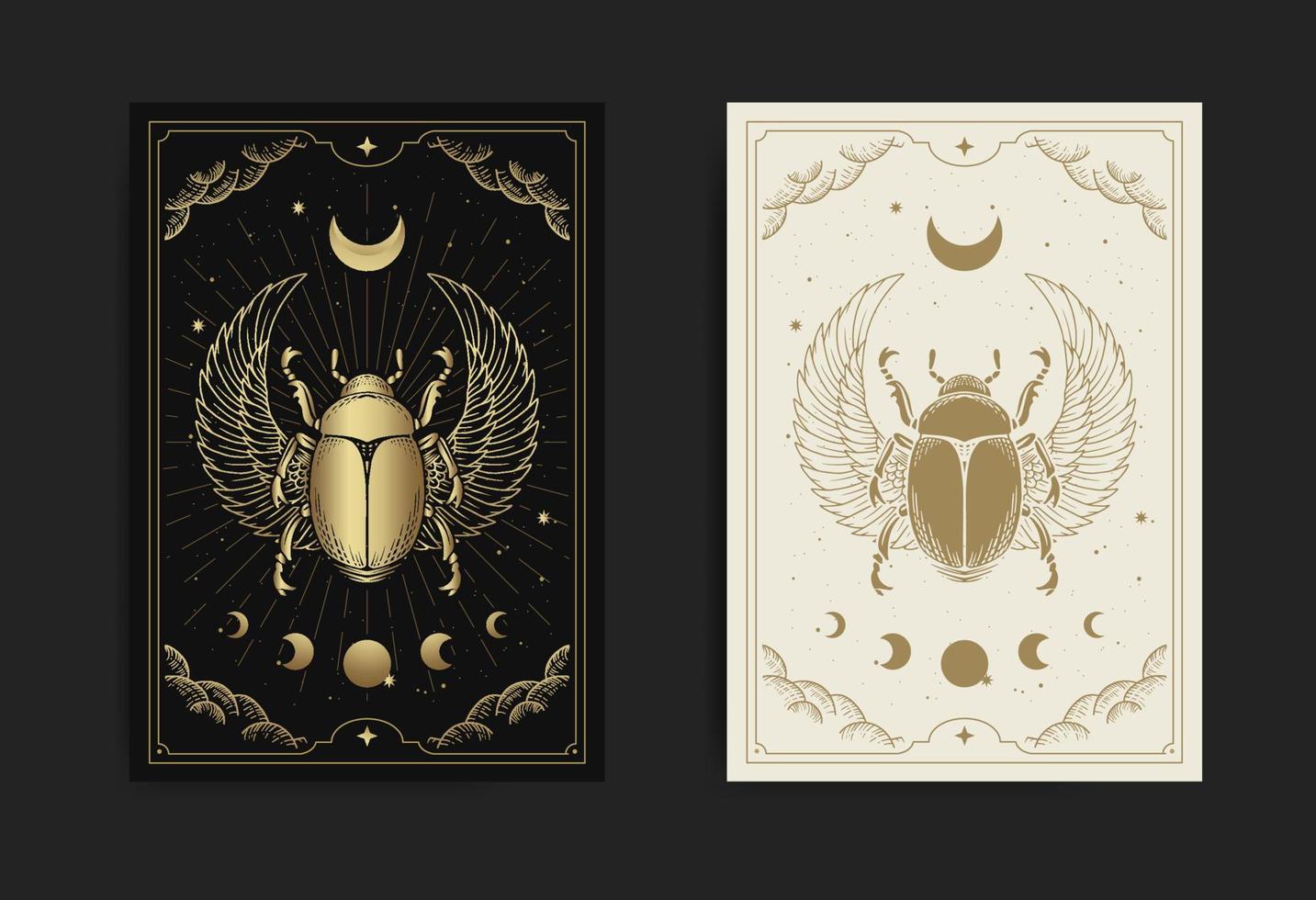 Egyptian Winged Scarab decorated with moon-phase ornament, with engraving, handrawn, luxury, esoteric, boho style, fit for paranormal, tarot reader, astrologer or tattootemplate8 vector