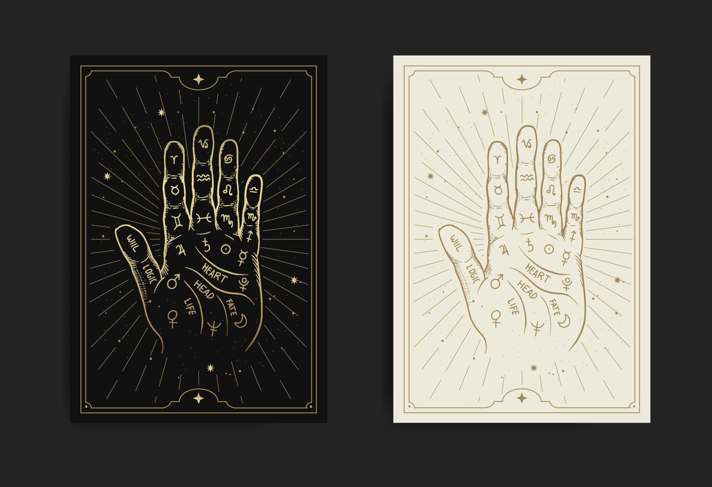 mano con diagrama de quiromancia con grabado, dibujado a mano, lujo, esotérico, estilo boho, apto para lo paranormal, lector de tarot, adivino, astrólogo o tatuaje vector