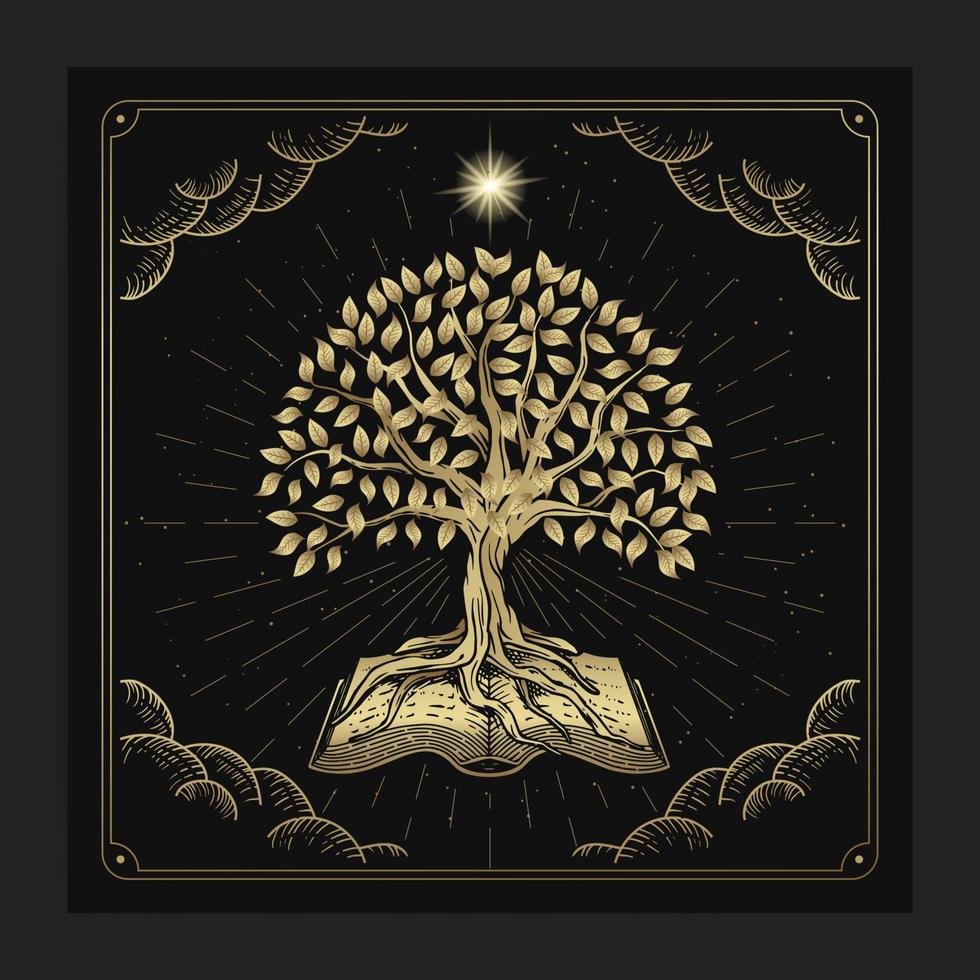 The tree of knowledge with ancient books with engraving, hand drawn, luxury, celestial, esoteric, boho style, fit for spiritualist, religious, paranormal, tarot reader, astrologer or tattoo vector