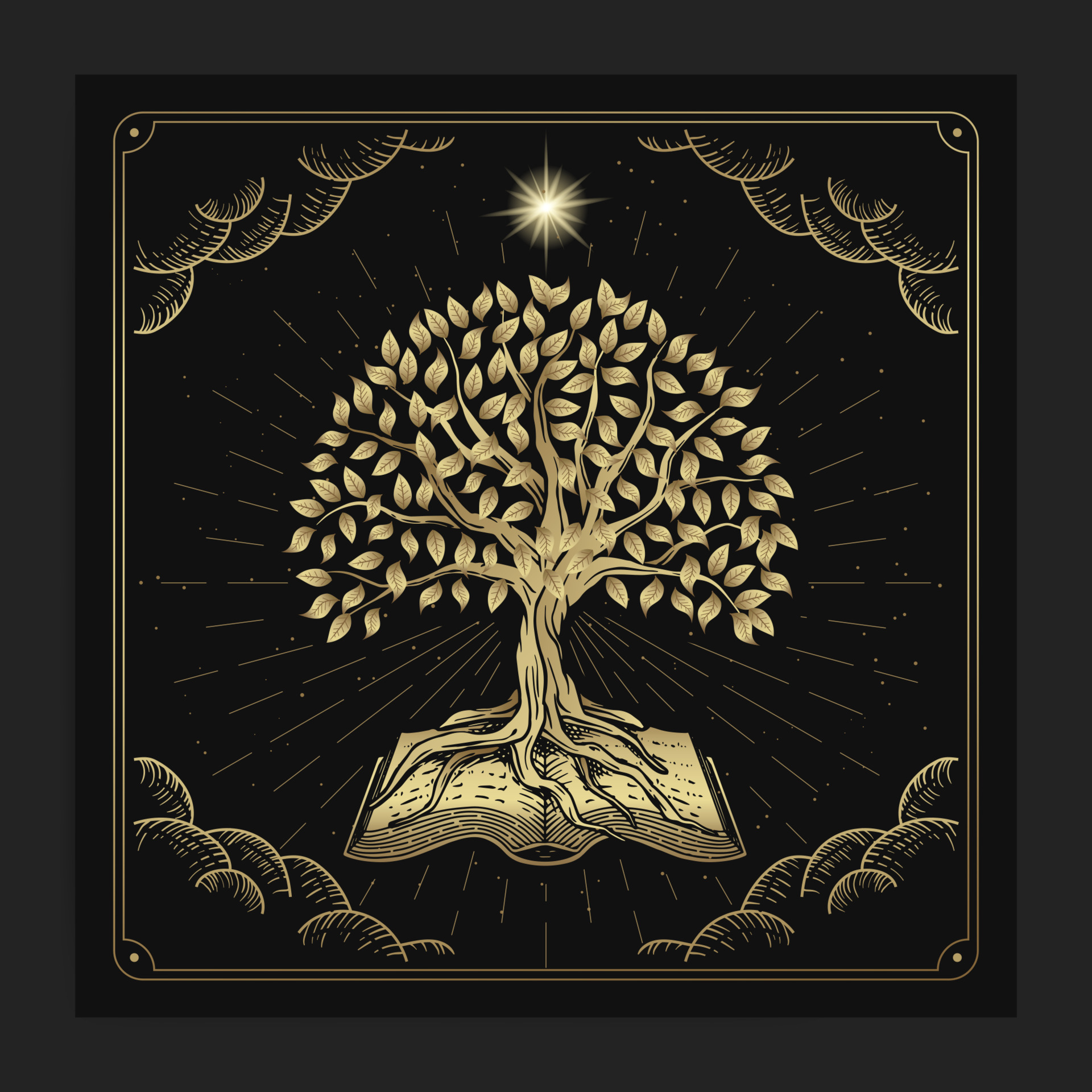 The tree of knowledge with ancient books with engraving, hand drawn