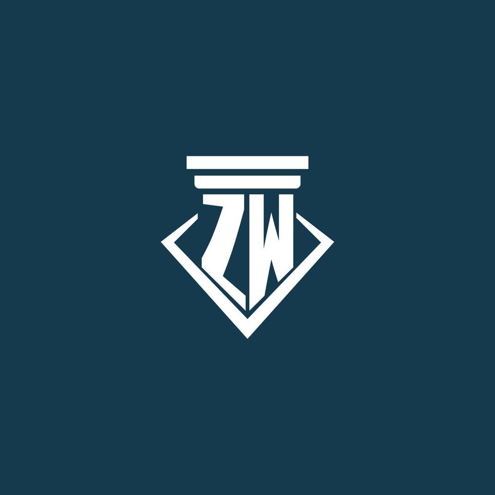 logotipo de monograma inicial zw para bufete de abogados, abogado o defensor con diseño de icono de pilar vector