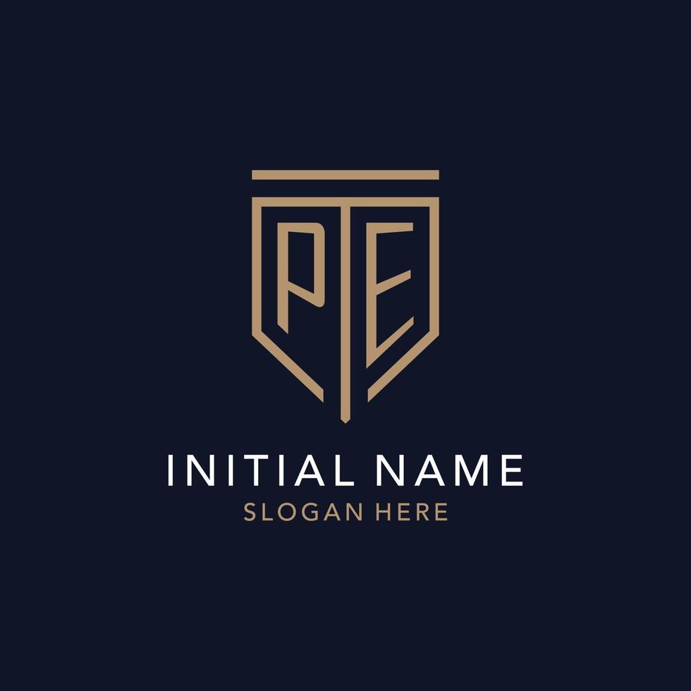 PE initial logo monogram with simple luxury shield icon design vector