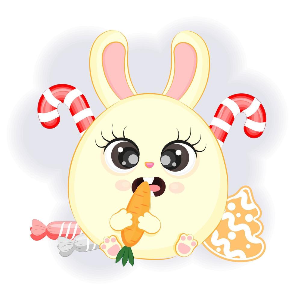 lindo conejo comiendo zanahorias con dulces ilustración de año nuevo vector