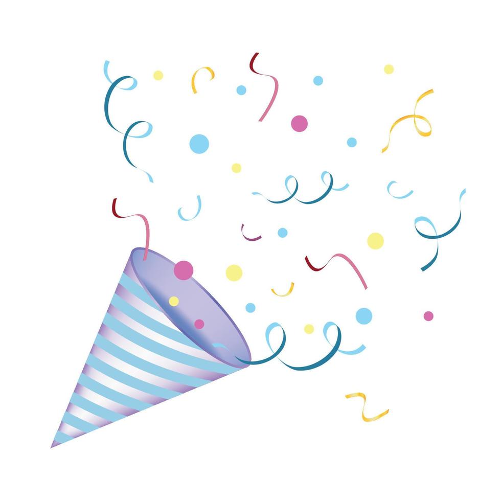 estallido de fiesta con confeti, estrellas doradas y cinta de papel, brillante galleta de cumpleaños de dibujos animados. ilustración vectorial aislada del símbolo de celebración emoji. vector