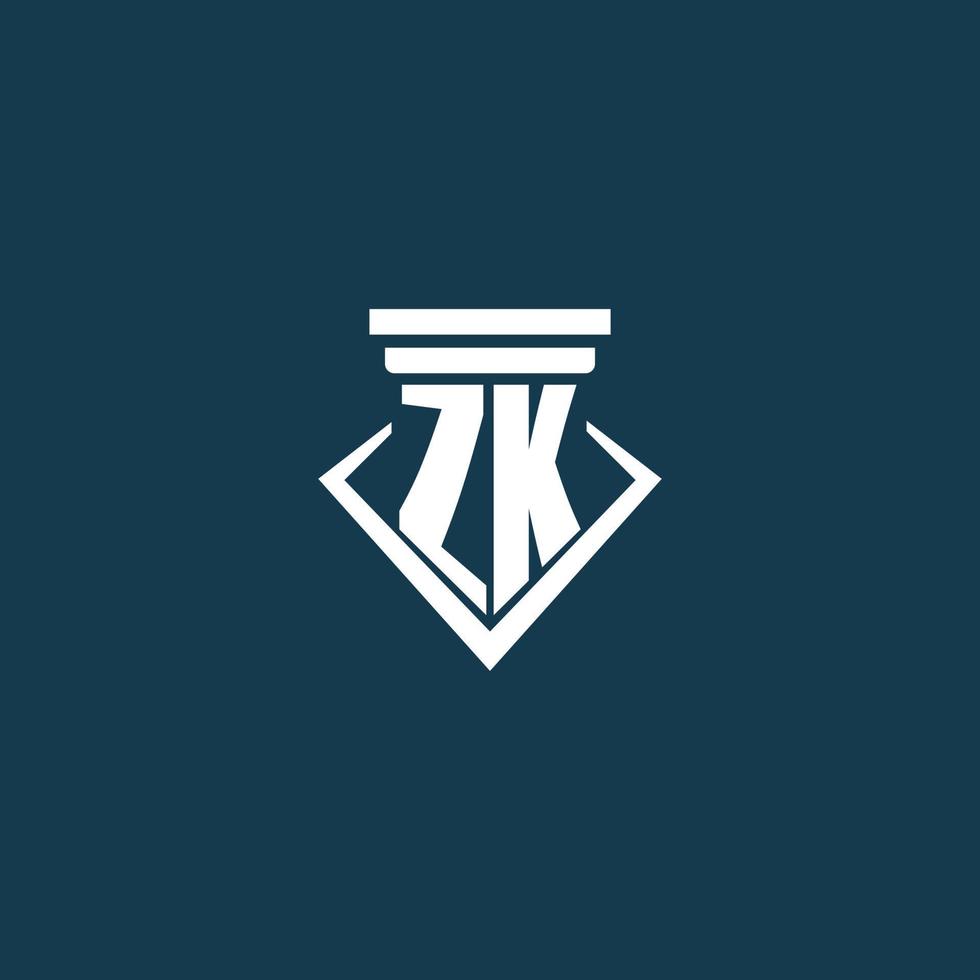 ZK initial monogram logo for law firm, lawyer or advocate with pillar icon design vector