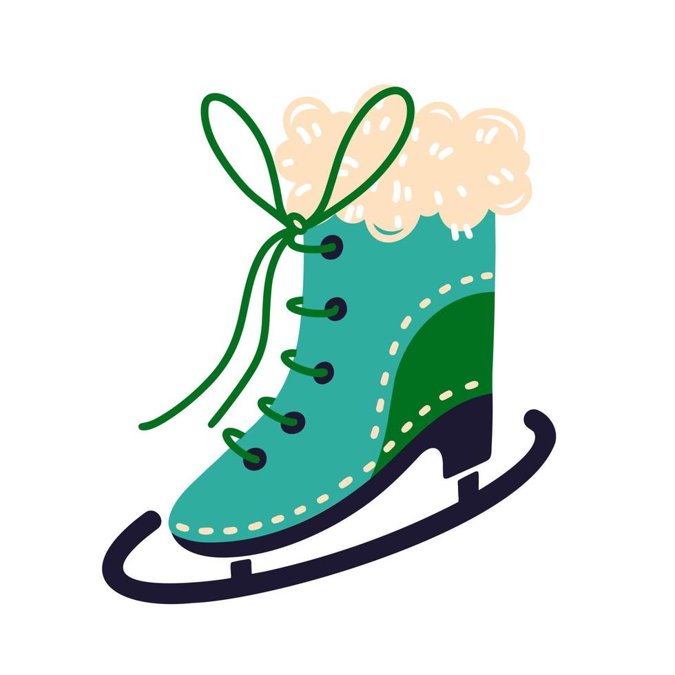 Ice skate vector icon. Winter green shoe with fur, lacing, blade. Flat cartoon illustration isolated on white. Sports equipment for figure skating, hockey. Bright clipart for logos, apps, prints, web