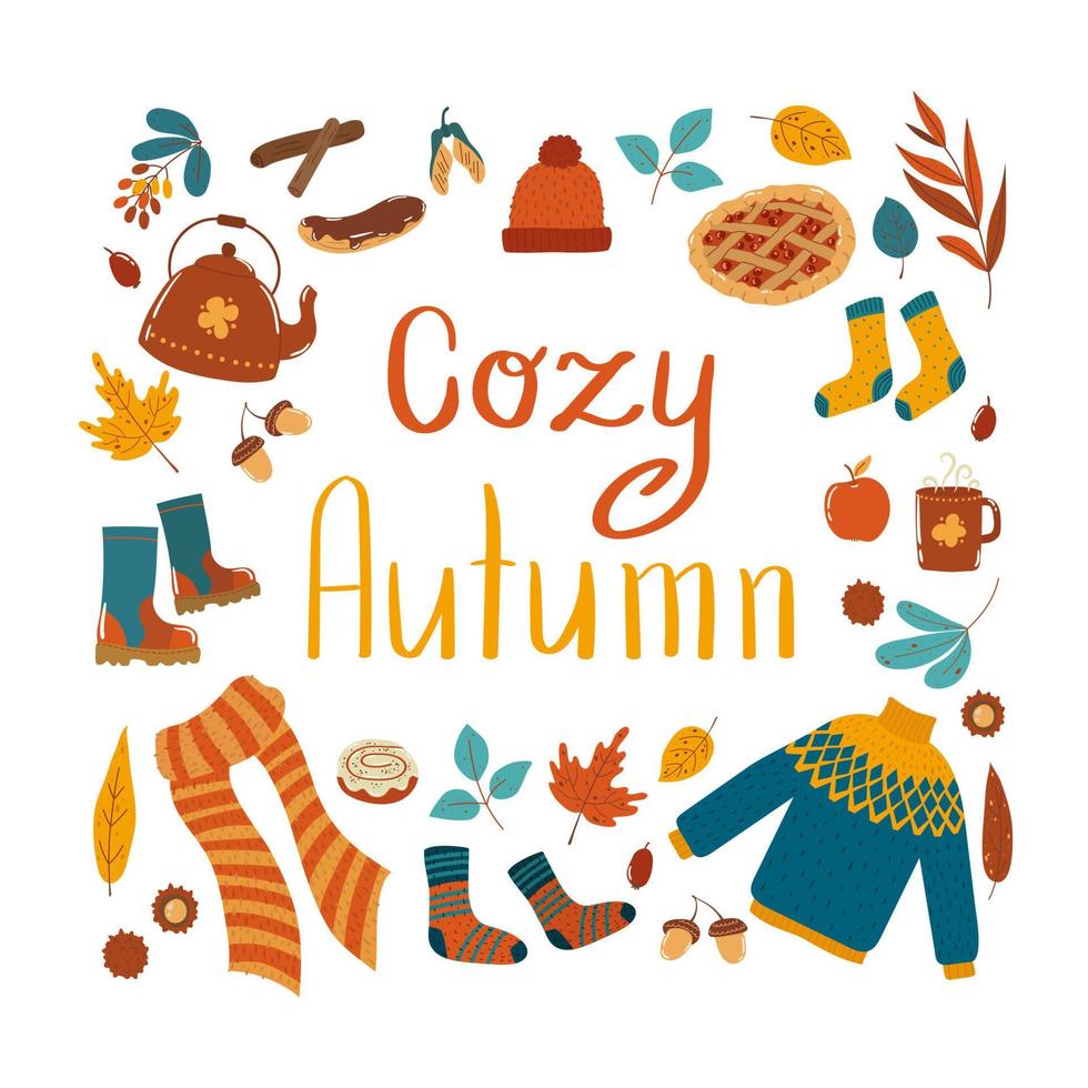 Lettering Cozy Autumn with autumnal items and foliage in flat style vector