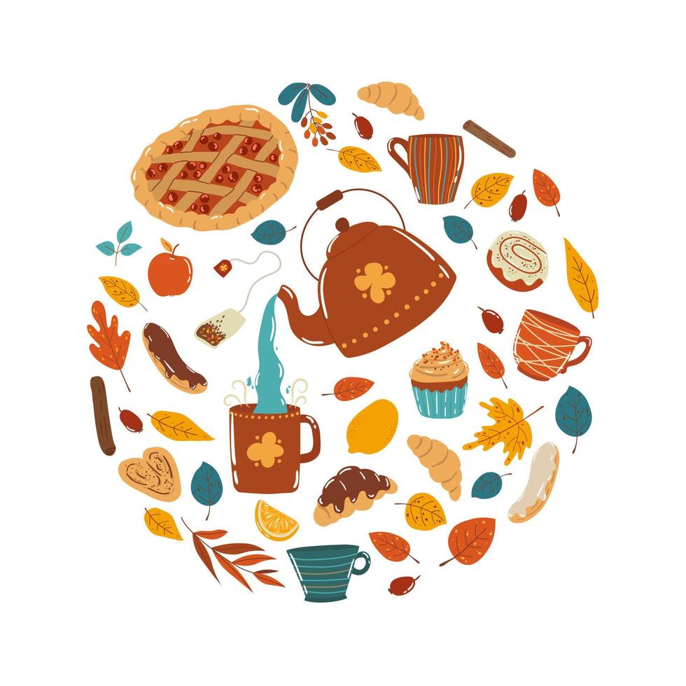 Clip art of autumn tea party with teapot and baked products on white background vector