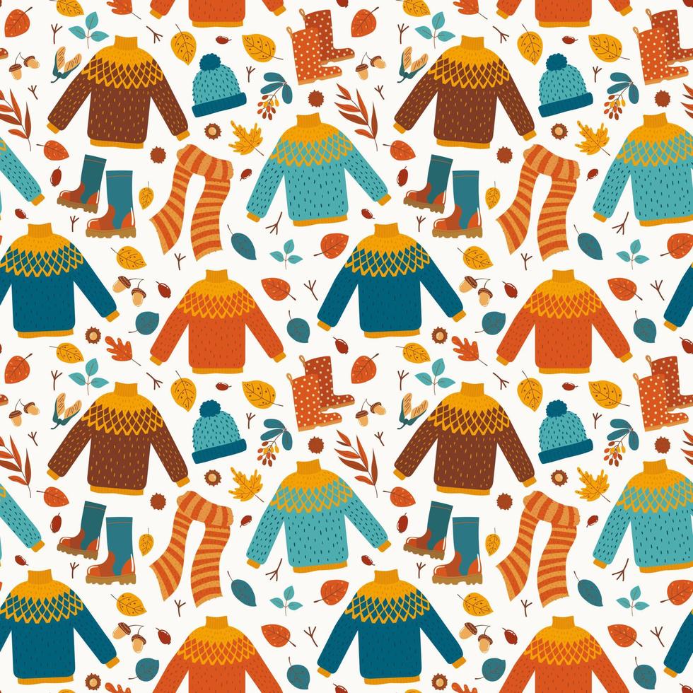 Autumnal seamless pattern with colorful clothes and leaves in flat style vector