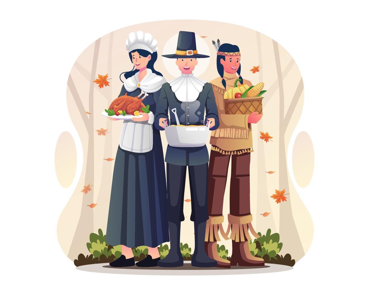 Happy Thanksgiving People in pilgrim and native costumes holding a roasted turkey and serving dishes for the Thanksgiving holiday dinner party. Vector illustration