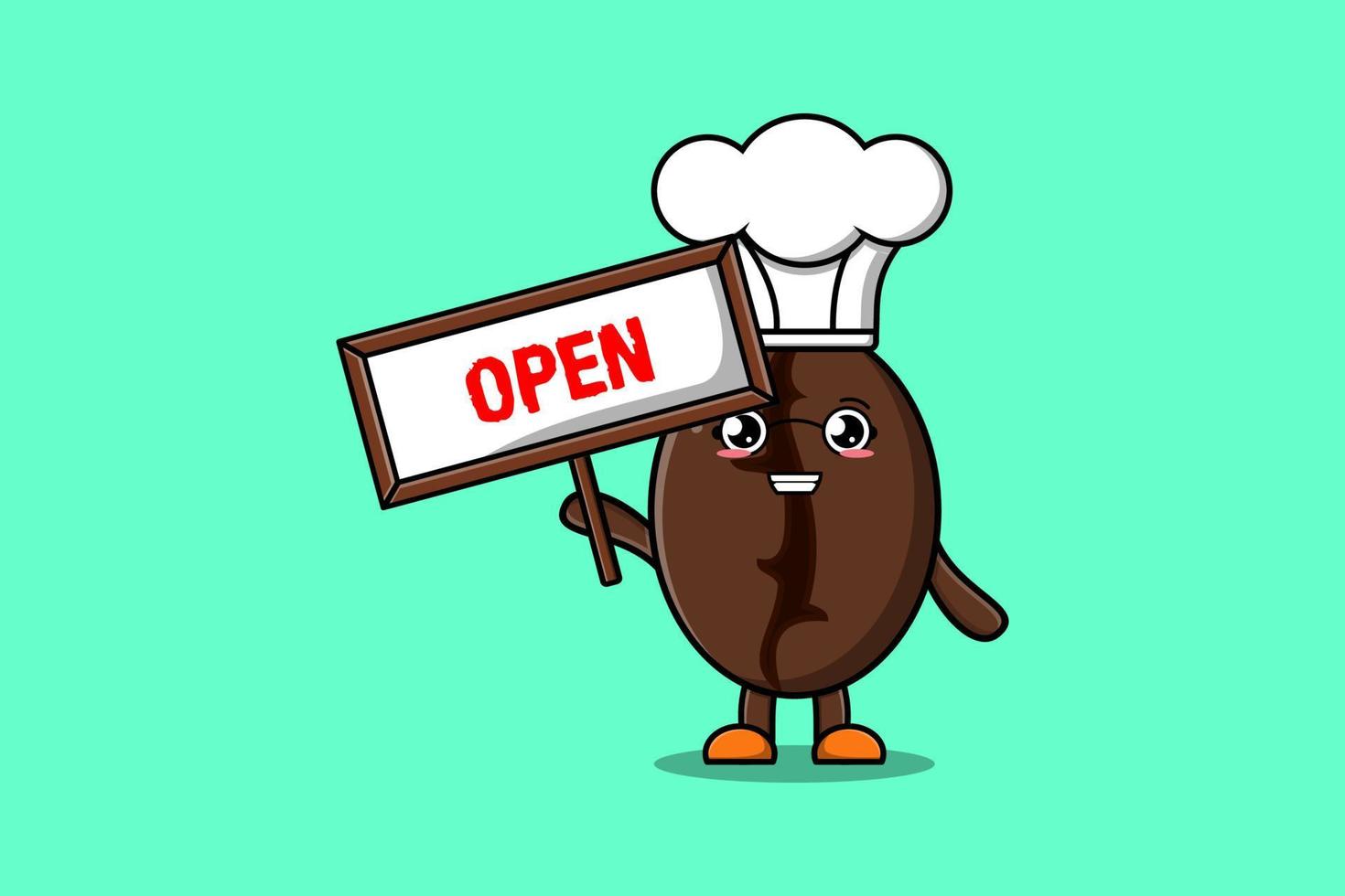 Cute cartoon Coffee beans holding open sign board vector