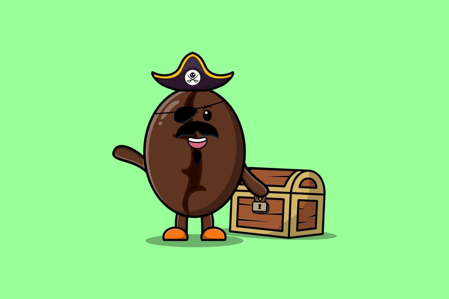 Cute cartoon Coffee beans pirate with treasure box vector
