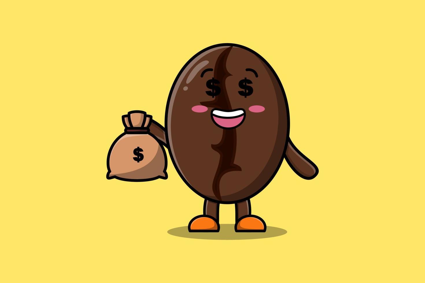 Cute cartoon Crazy rich Coffee bean with money bag vector