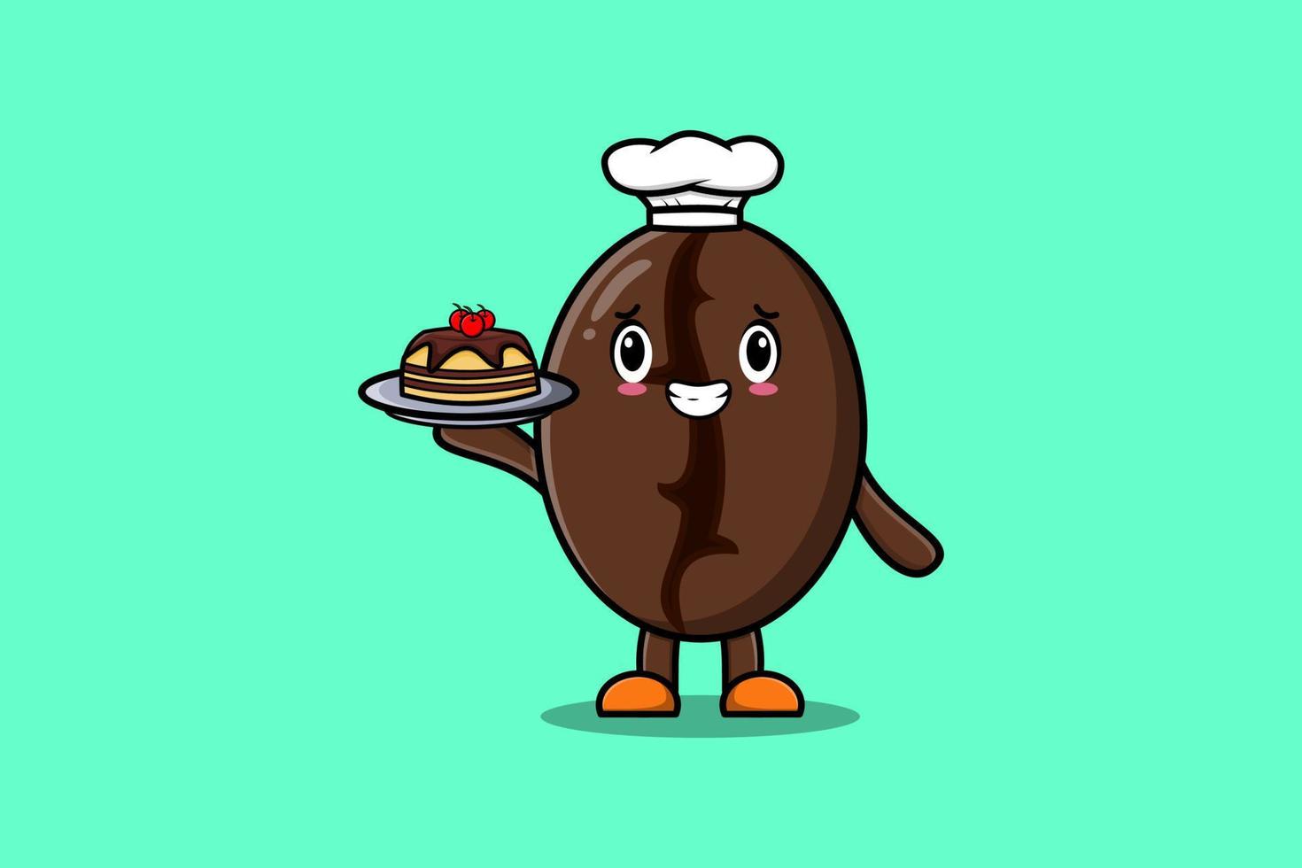 Cute Cartoon chef Coffee bean serving cake on tray vector