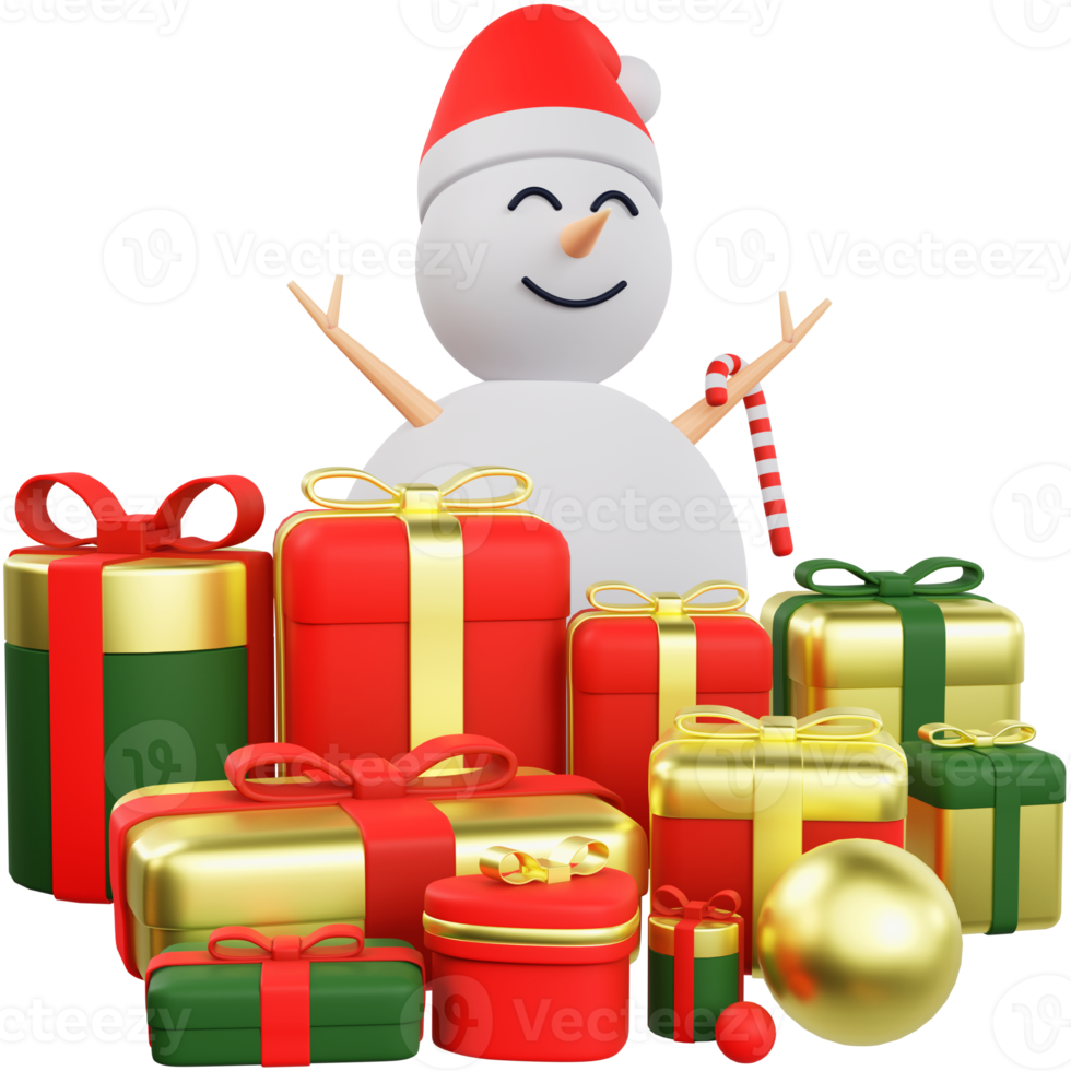 3D Christmas snowman and gift boxes with high quality render png