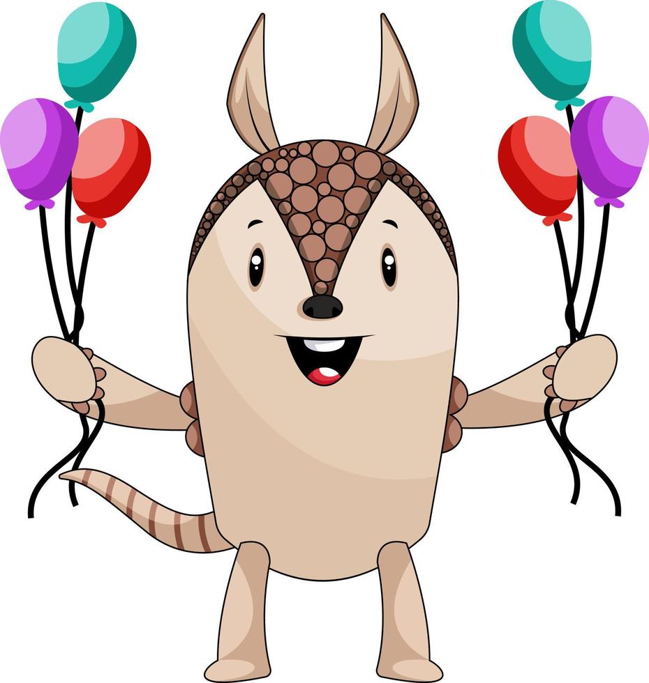 armadillo con globos, ilustración, vector sobre fondo blanco.