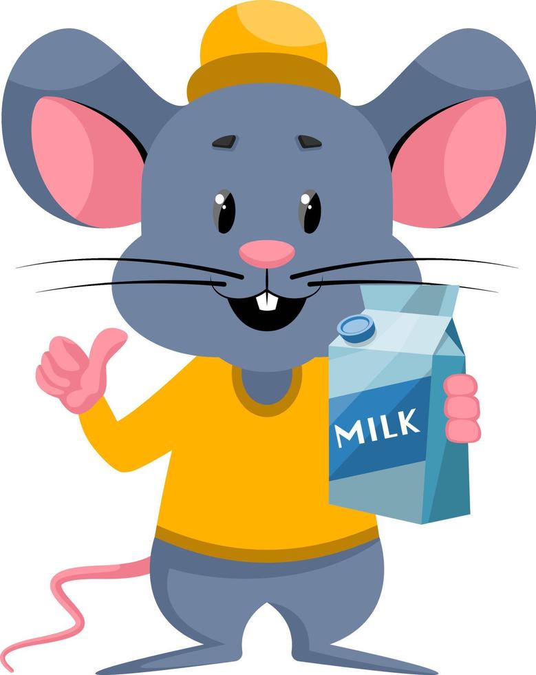 Mouse with milk, illustration, vector on white background.