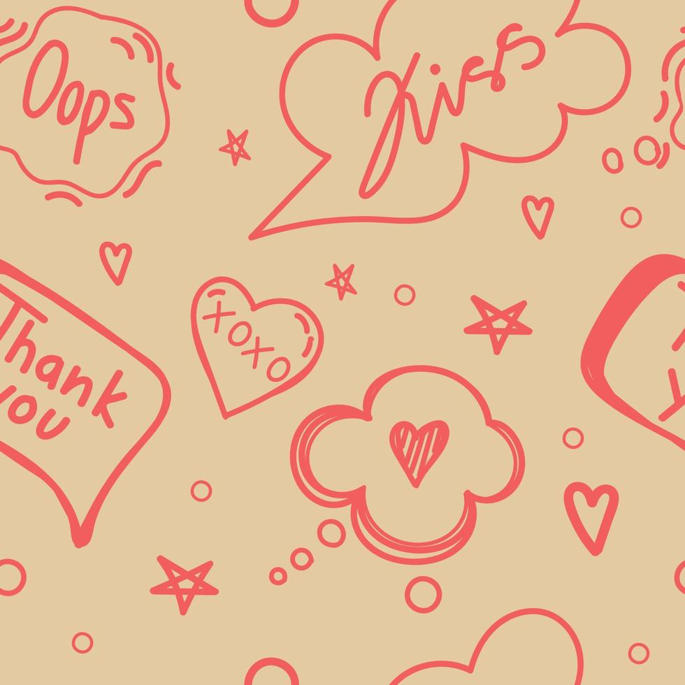 A seamless pattern of speech bubbles with dialog words, hand-drawn doodle-style elements. Hello, Love, Sorry, Love, Kiss, Bye. Vector illustration