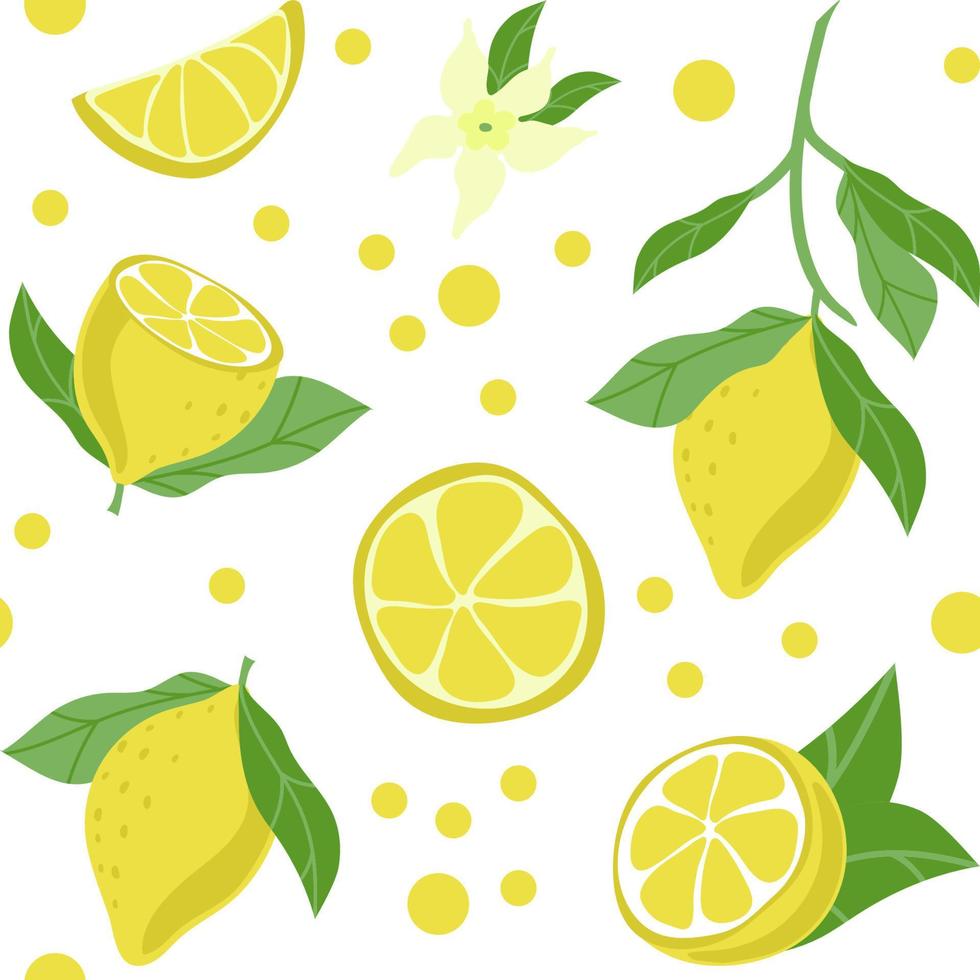 Seamless pattern of bright lemons, hand-drawn elements. Summer. Yellow lemons with leaves and flowers on white background. Lemonade. Suitable for textiles and packaging vector