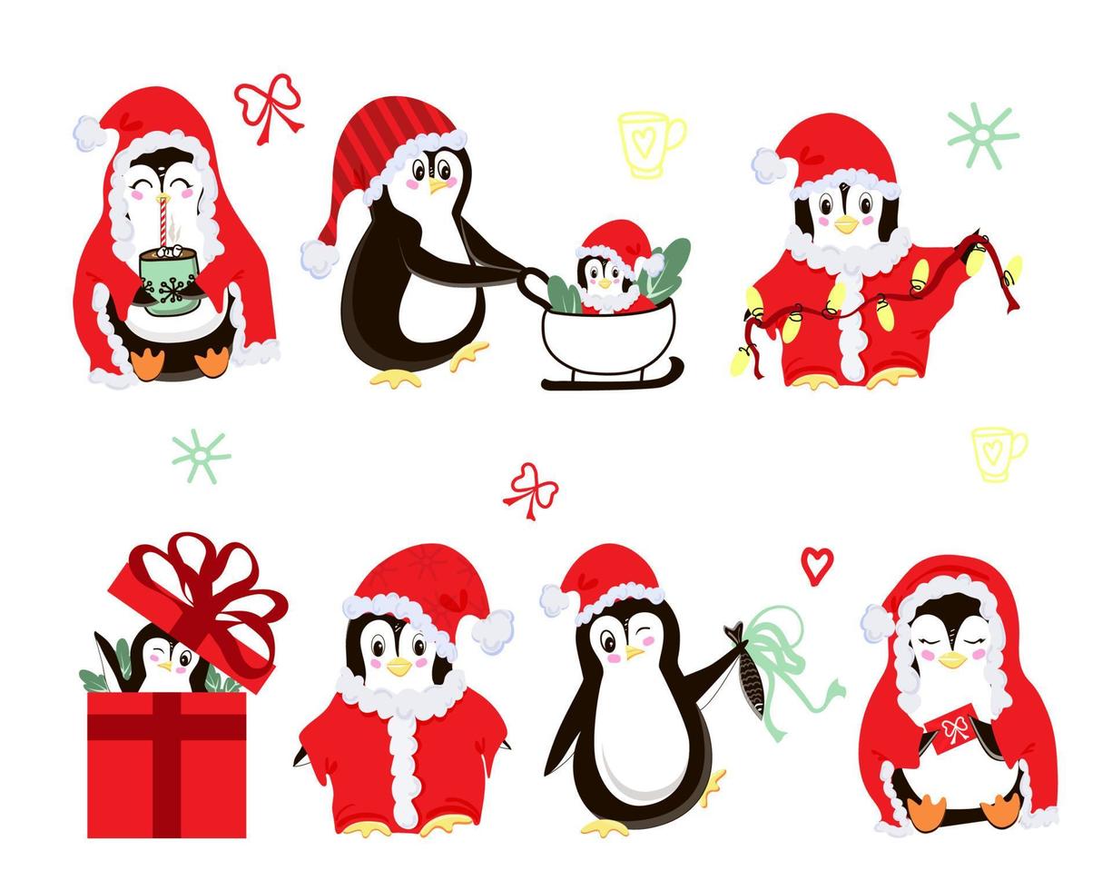 lindos pingüinos navideños. conjunto de animales. pingüinos vestidos como santa claus, con una taza de cacao, con regalos y mirando alegremente fuera de la caja navideña vector