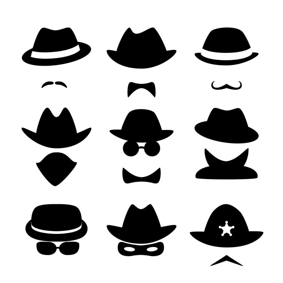 Icons of criminals and police officers. Incognito. Detectives. Poirot, Inspector Jeff, Professor Marriarty. Collection of famous, anonymous and strangers. Simple vector, isolated on white background vector