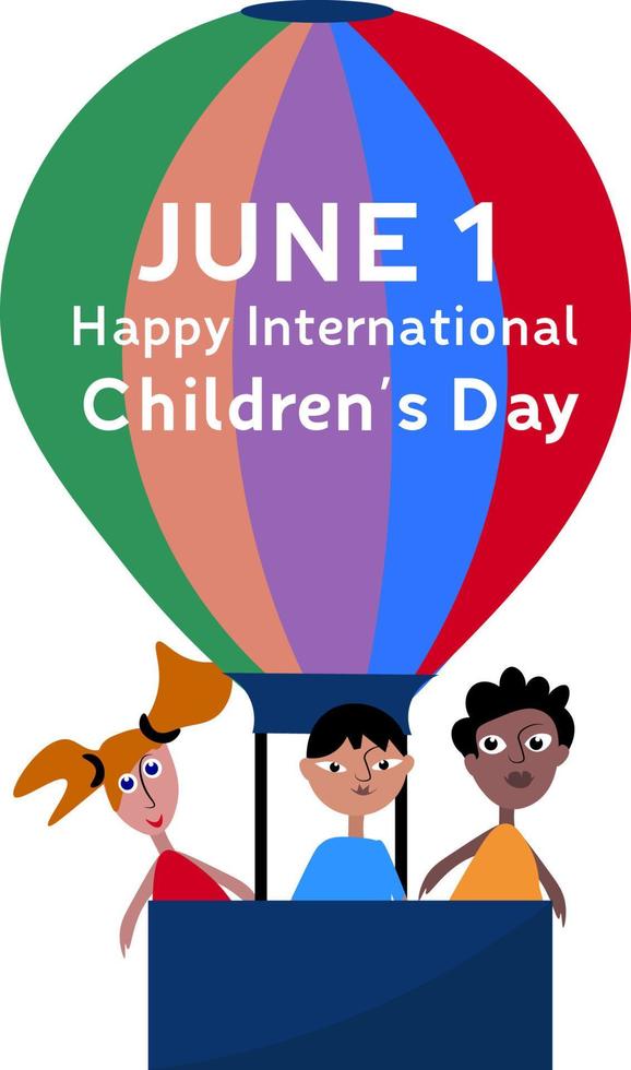 Kids in a flying balloon, illustration, vector on white background.