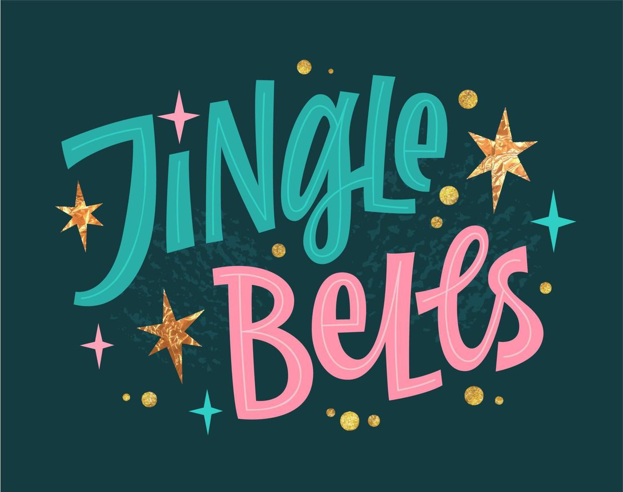 Modern script lettering design in trendy pink, cold green, gold colors, Jingle Bells. Creative vector typography illustration for Christmas events purposes. Festive greetings template design