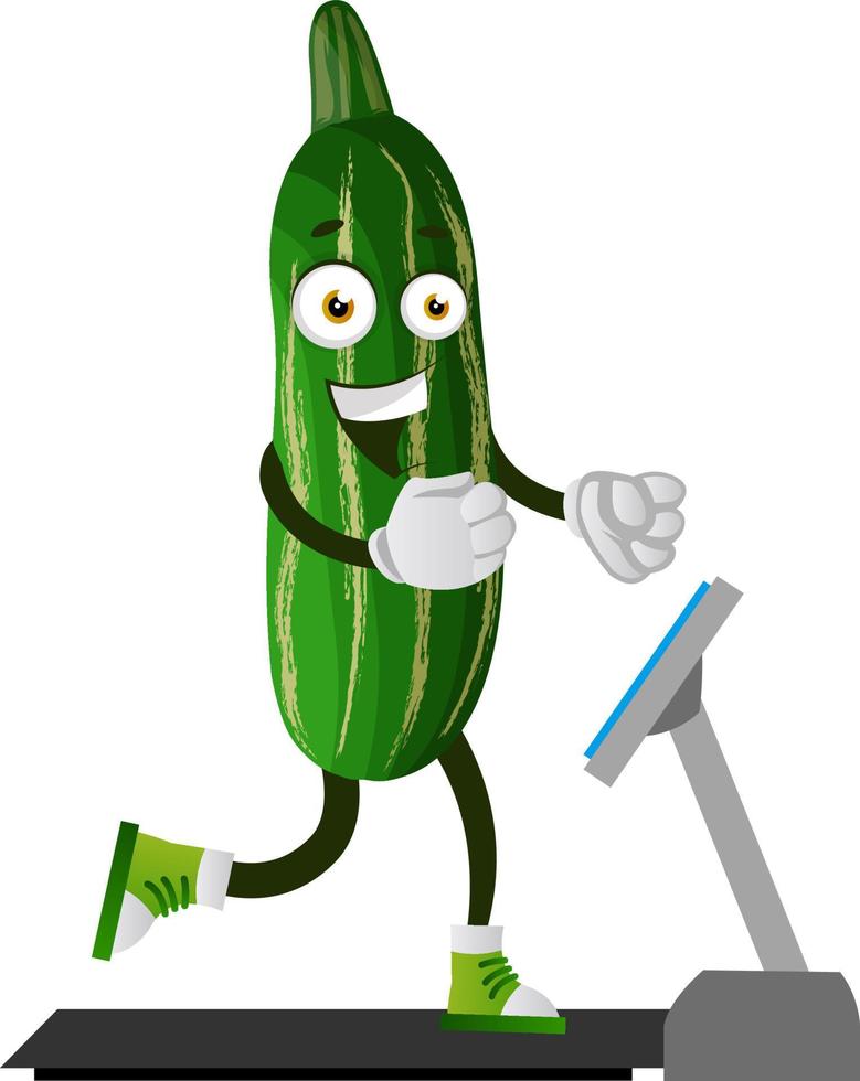 Cucumber on running machine, illustration, vector on white background.